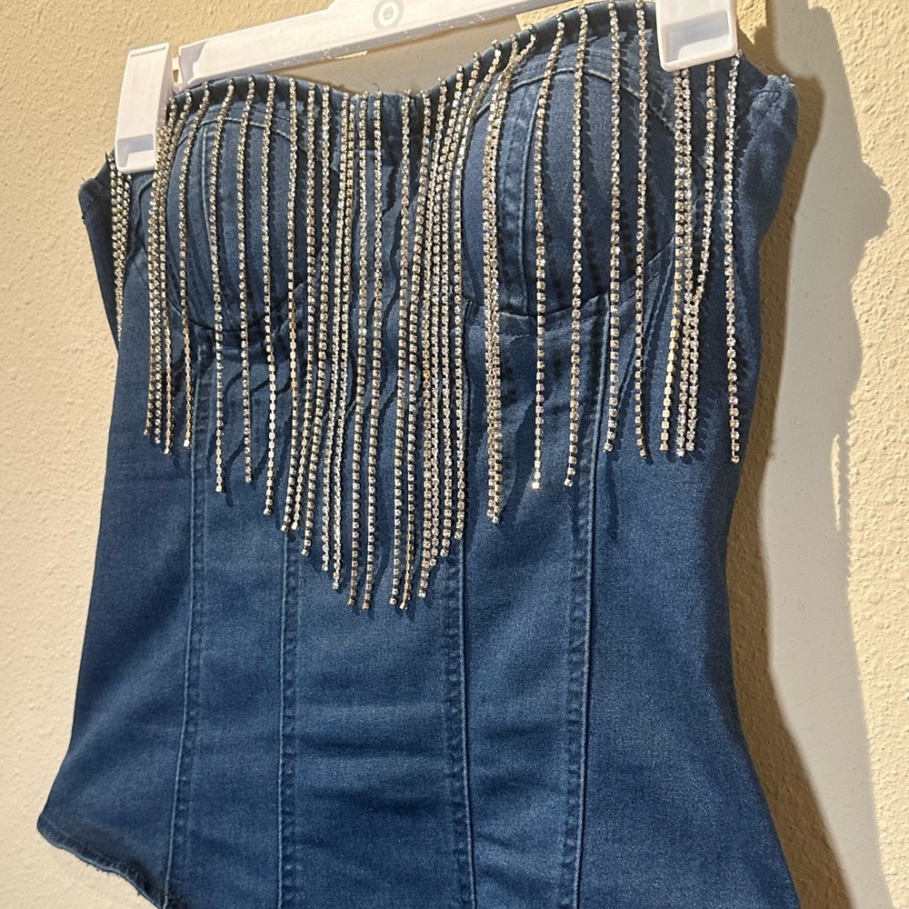Rhinestone Fringe Denim Bodysuit